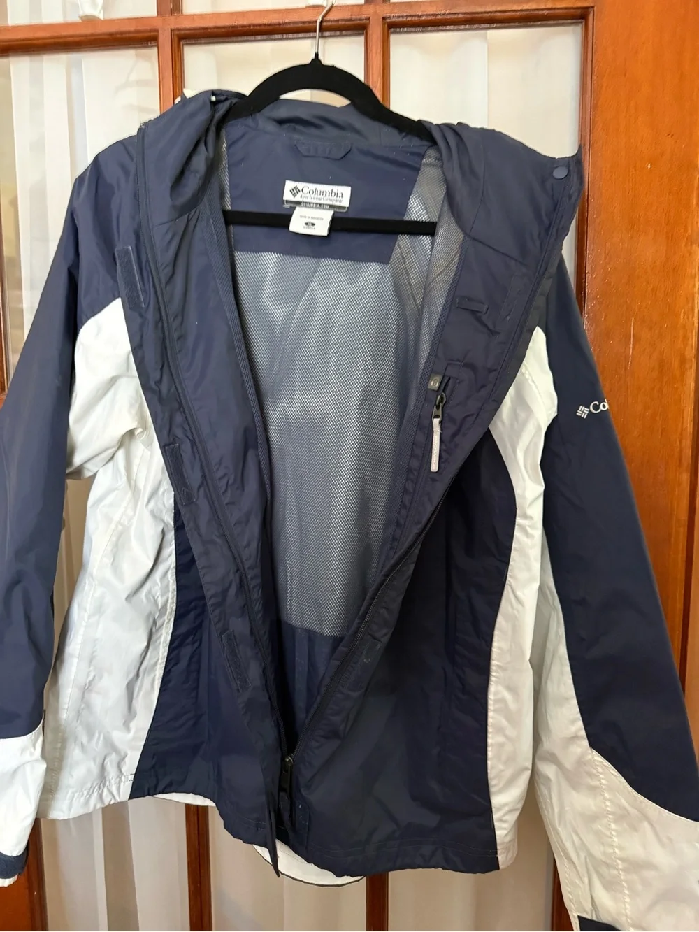 Columbia Navy and White Hooded Rain Jacket
